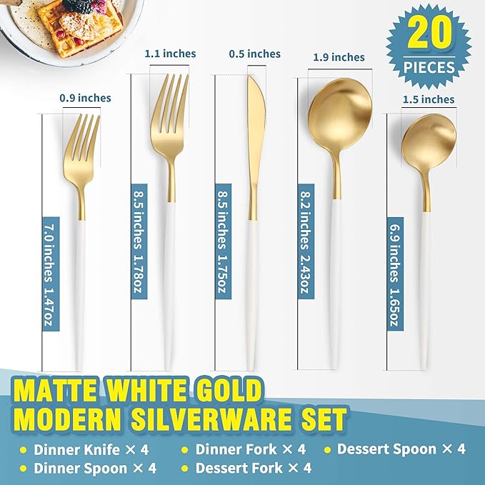 Matte White Gold Silverware Set for 4,Modern Stainless Steel Brushed Cutlery Set,20-Pieces Heavy Duty Flatware Set,Knives Spoons and Forks Set Utensils Set, Satin Finish, Dishwasher Safe-Ruum Studio Home