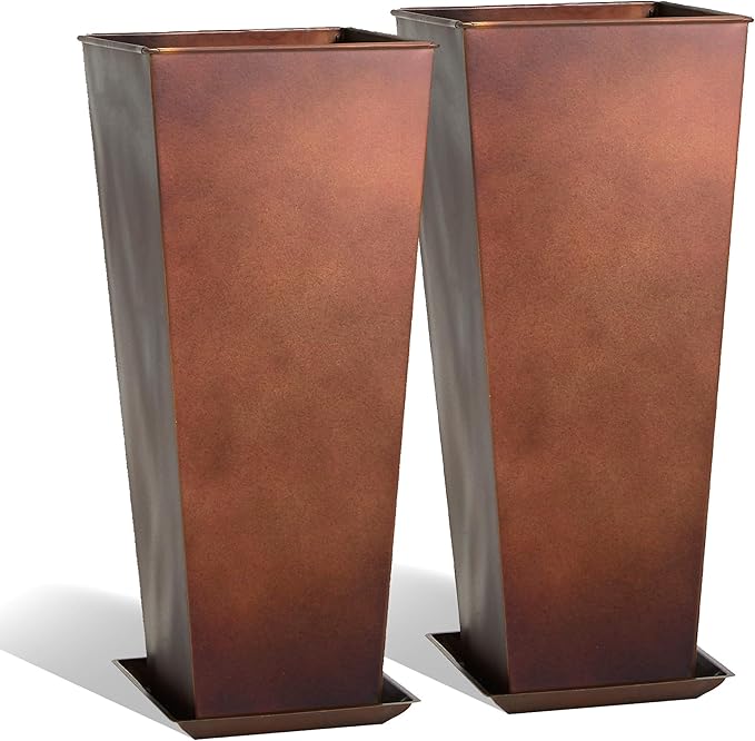 KOL 25''H. Tall Galvanized Steel Planter with Saucer, Set of 2, Planter Pots with Drainage Hole for Indoor & Outdoor Use, Decorative Flower Plant Pots for Front Porch, Patio, Deck - Rust Color-Ruum Studio Home