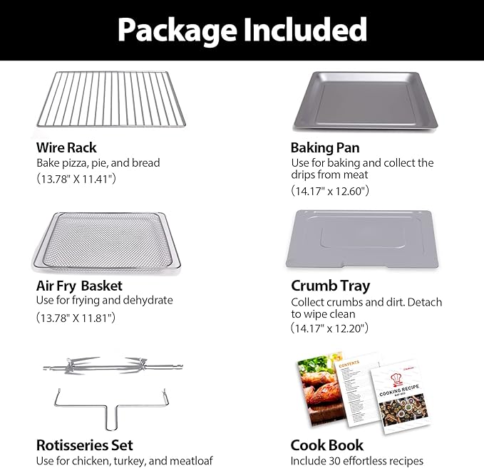 32QT Extra Large Air Fryer, 19-In-1 Air Fryer Toaster Oven Combo with Rotisserie and Dehydrator, Digital Convection Oven Countertop Airfryer Fit 13" Pizza, 6 Accessories, 1800w (Black)-Ruum Studio Home