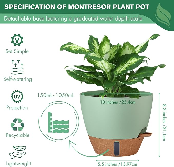 montresor 2 Pack 10 inch Plant Pots, PP Plastic Self Watering Planter with Drainage and Tray for Indoor Outdoor Plants, Water Level Window & Reservoir Flower Pots Decorative Planter (Green)-Ruum Studio Home