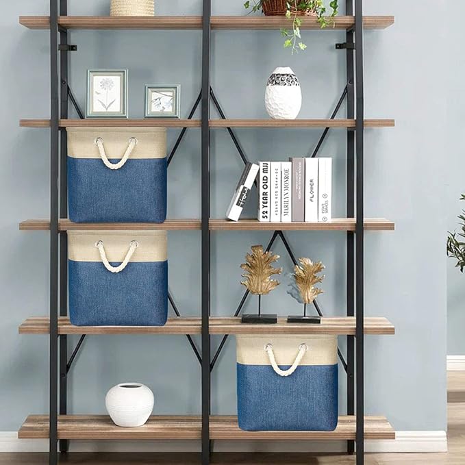 i BKGOO 3Pack Large Foldable Storage Bins，Collapsible Sturdy Cationic Fabric Organizing Storage Basket Cube with Cotton Handles for Home Office Shelf Clothes Toys Khaki-Blue 13×13×13 inch-Ruum Studio Home