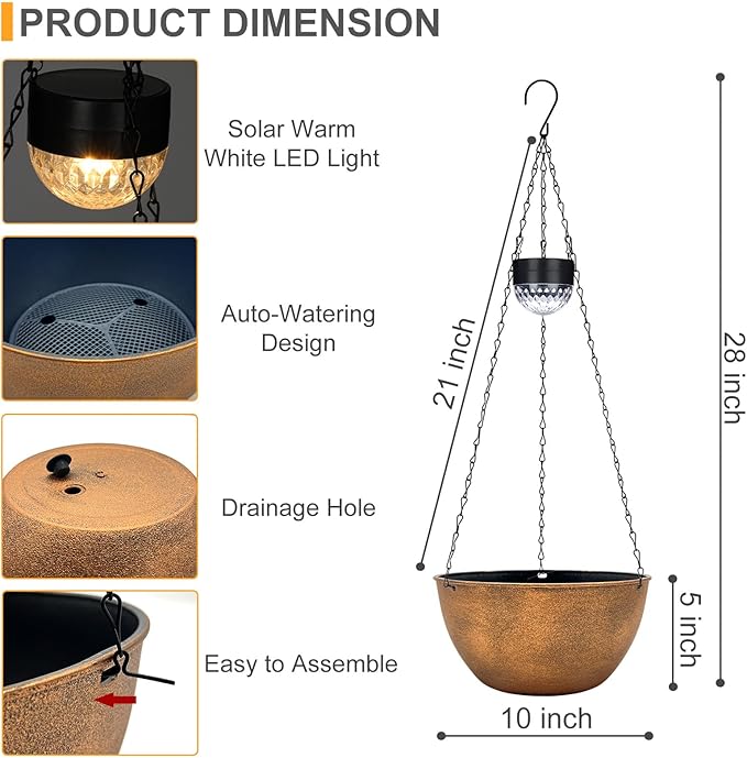 2 Packs Hanging Planters Basket for Outdoor Plants, Solar Powered Self Watering Bronze Round Plastic Flower Pots with Drainer for Balcony Patio Garden Outdoor Decoration-Ruum Studio Home