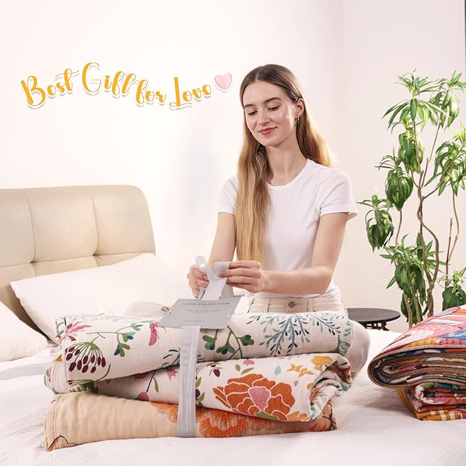 Boho Large Throw Blanket, 100% Organic Cotton Breathable Soft Bed King Throw - Fall Floral Bird Butterfly Farmhouse Decor Blanket for Sofa Couch Chair and Gift. 91" x 98"-Ruum Studio Home