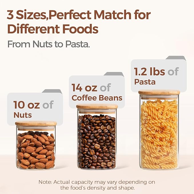ComSaf Airtight Glass Storage Canister with Lids (0.7Qt/1.2Qt/1.6Qt) Set of 6, Food Storage Container Kitchen Pantry Storage Jar, Glass Jars for Flour Cereal Sugar Tea Coffee Beans Snacks, Square-Ruum Studio Home