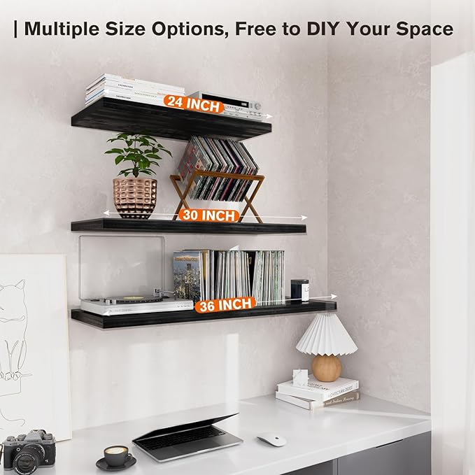 Wall Shelf Set of 2,Dark Wood Floating Shelves 24 in W x 10 in D x 1 in H, Wooden Floating Wall Shelf with Invisible Brackets for Living Room/Bedroom/Bathroom/Kitchen Storage and Decor-Ruum Studio Home