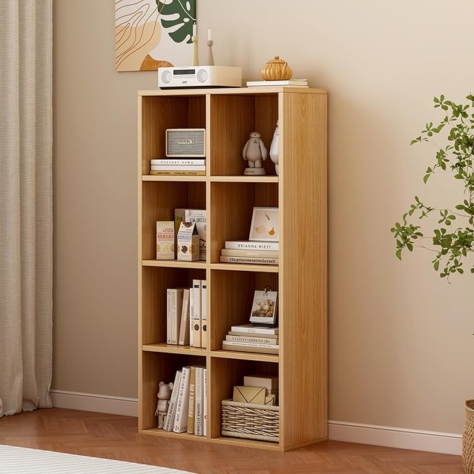 8-Cube Storage Shelf Bookcase - Wooden 4-Tier Floor Standing Open Bookshelf for Home and Office, Display Cabinet, Oak-Ruum Studio Home