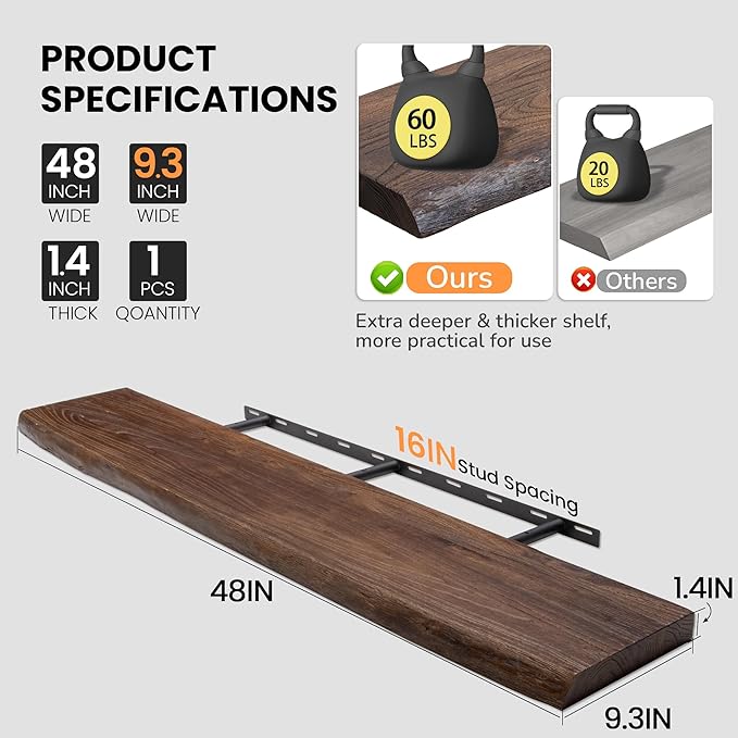 Floating Shelves for Wall, 48"x9.3" Rustic Solid Live-Edge Elm Wood Wall Shelves, Heavy-Duty Floating Shelves with Invisible Brackets, Set of 2 for Living Room, Bedroom, and Kitchen, Walnut Finish-Ruum Studio Home