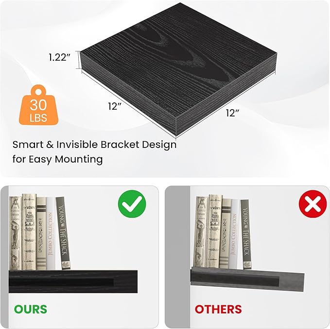 Square Floating Shelves for Wall, 12" W x 12" D x 1.2" H, Small Wooden Wall Mounted Display Shelves with Invisible Brackets for Living Room, Bedroom, Bathroom, Kitchen Decor, Set of 3, Black-Ruum Studio Home