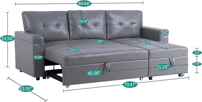 Naomi Home L-Shaped Reversible Sectional Sofa with Pull-Out Sleeper Bed and Storage Chaise, Gray Air Leather-Ruum Studio Home