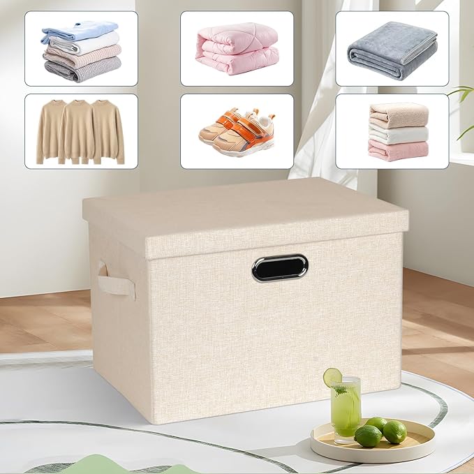 Large 17" 36 Quart Collapsible Stackable Storage Bins with Lids, 3 Packs Light Orange Linen Fabric Closet Boxes with Lids, Storage Cube Baskets Container Organizers for Office (17x12x11)-Ruum Studio Home