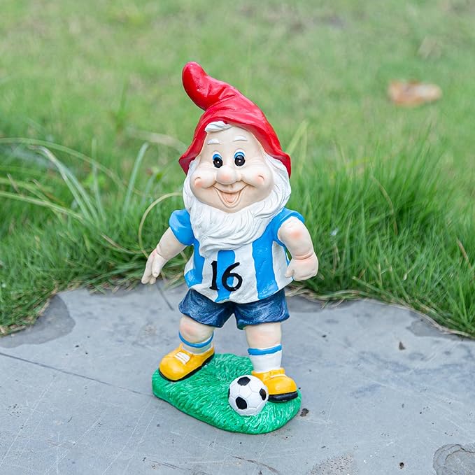 Outdoor Gnome Sculpture Soccer Garden Gnome Statue, 9.8 x 5.1 x 3.5 inches, Red Hat with Blue Jersey The for Football Enthusiasts-Ruum Studio Home