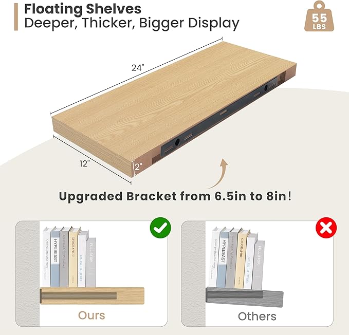 Heimlove 24 x 12 Inch Deep Floating Shelves Wall Mounted with Invisible Brackets,Storage Hanging Shelf for Wall Decor in Bathroom, Bedroom, Toilet, Kitchen, Living Room, Office Set of 2 (Oak)-Ruum Studio Home