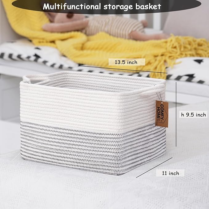 COMFY-HOMI 3 Pack Cotton Rope Square Basket with Handles - Storage & Organizer (White/Black Line, 13.5" x 11" x 9.5")-Ruum Studio Home