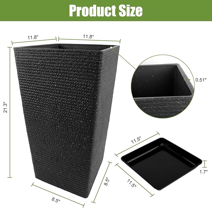 Tall Black Planter Set of 2 for Outdoor Indoor Plants,21.3in Large Tapered Plant Pots with Drainage Trays Holes,Resin Extra-Thick Flower Pots for Outdoor Patio Front Porch Backyard Decor-Ruum Studio Home