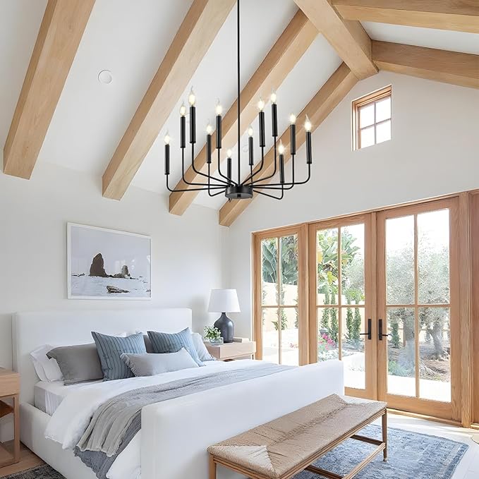 Modern Black Farmhouse Chandeliers, 12-Light Industrial Metal Chandelier Lighting, Classic Candle Hanging Pendant Light Fixtures for Living Room, Dining Room, Kitchen, Bedroom, Entryway-Ruum Studio Home