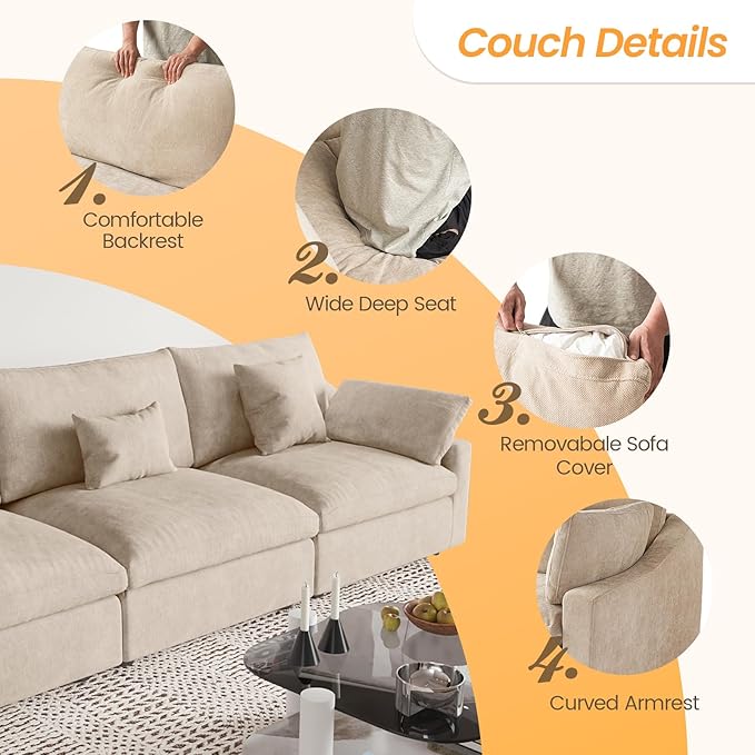 JACH Sectional Couches for Living Room, Cloud Sectional Couch with Deep Seat, Down Filled Modular Sofa, Covers Removeable & Washable, Love Seat Sofas Furniture for Living Room, Khaki-Ruum Studio Home