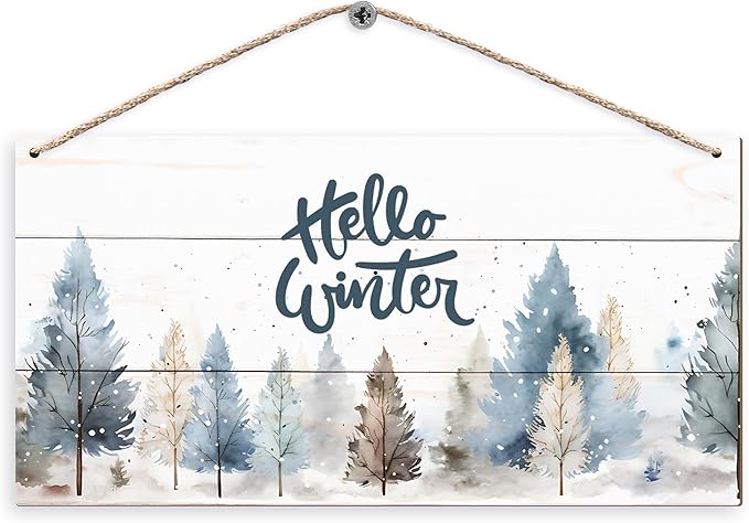 DUXMNAMG Hello Winter Welcome Hanging Wooden Signs 12x6, Pine Tree Decor, Winter Door Decorations, Winter Door Sign, Rustic Winter Christmas Snowflakes Trees Home Room Office Hanging Wall Decor-Ruum Studio Home