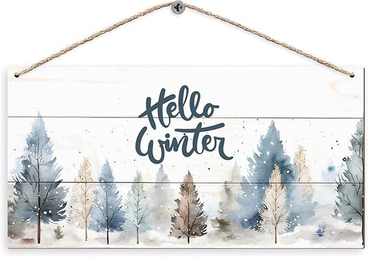 DUXMNAMG Hello Winter Welcome Hanging Wooden Signs 12x6, Pine Tree Decor, Winter Door Decorations, Winter Door Sign, Rustic Winter Christmas Snowflakes Trees Home Room Office Hanging Wall Decor-Ruum Studio Home