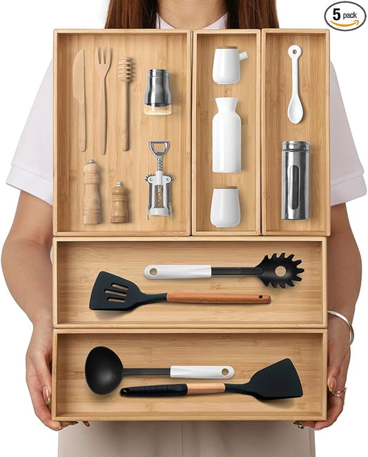Stack Bamboo Drawer Organizer Set of 5, Kitchen Utensil, Flatware&Silverware Organizer-Wood Laminated Stackable for Kitchen, Bedroom, 13.4''x4.5''*2+10.2''x3.3''*2+10.2''x6.7''*1-Ruum Studio Home