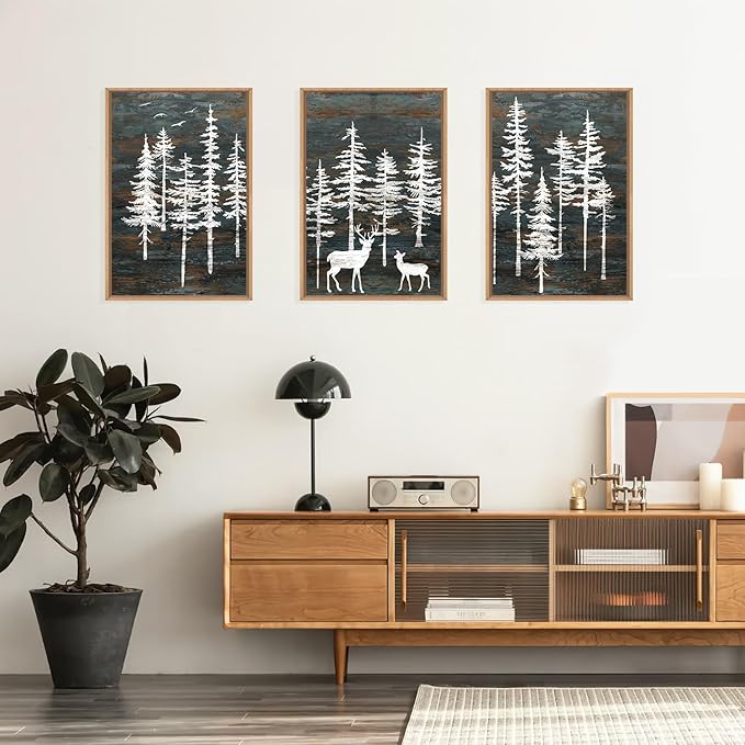 Celestdeco Modern White Forest Framed Canvas Wall Art Set, Minimalist Woodland Art Painting, Retro Tree Landscape Wall Decor, Wildland Deer Artwork for Living Room, Dining Room, Office - 24"x36"x3-Ruum Studio Home