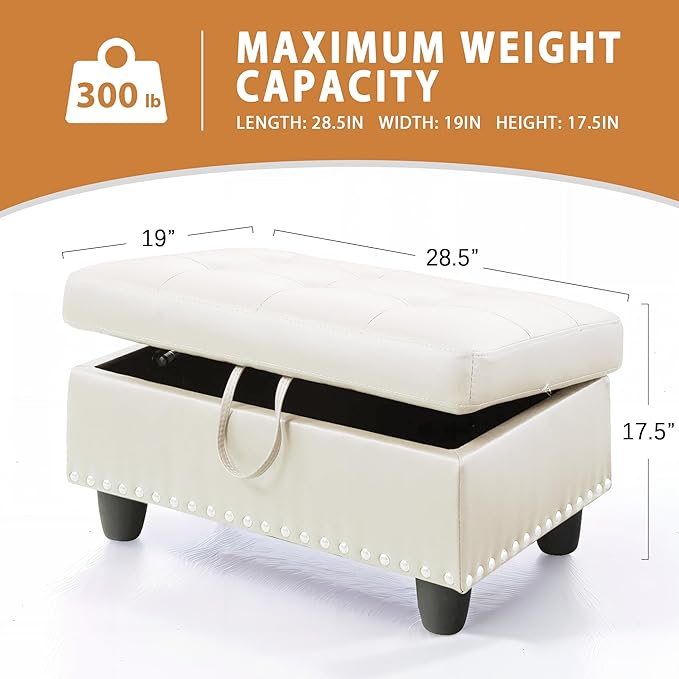 Ottoman Rectangular Storage Ottoman Bench, Faux Leather Footrest, Coffee Table, Stool Footstool with Hinged Lid for Living Room, Bedroom, Entryway, White, 28.5"x19"x17.5"-Ruum Studio Home