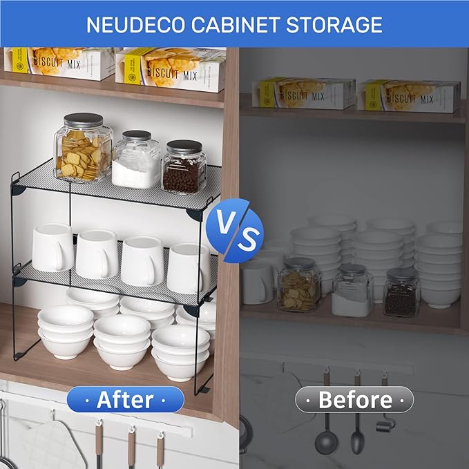 Neudeco Stackable Cabinet Shelf Organizer - 2 Pack Metal Mesh Stacking Shelves for Kitchen, Closet, Bathroom, Countertop and Cabinet -Gray-Ruum Studio Home