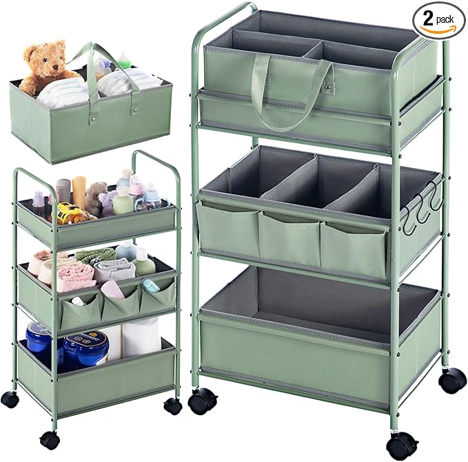 Honeydak 2in1 Baby Diaper Caddy Organizer Cart 3 Tier Large Capacity Metal Utility Bedside Rolling Cart with Divider for Newborn Nursery Essential Must Have for Crib Bedroom Baby Shower(Green)-Ruum Studio Home
