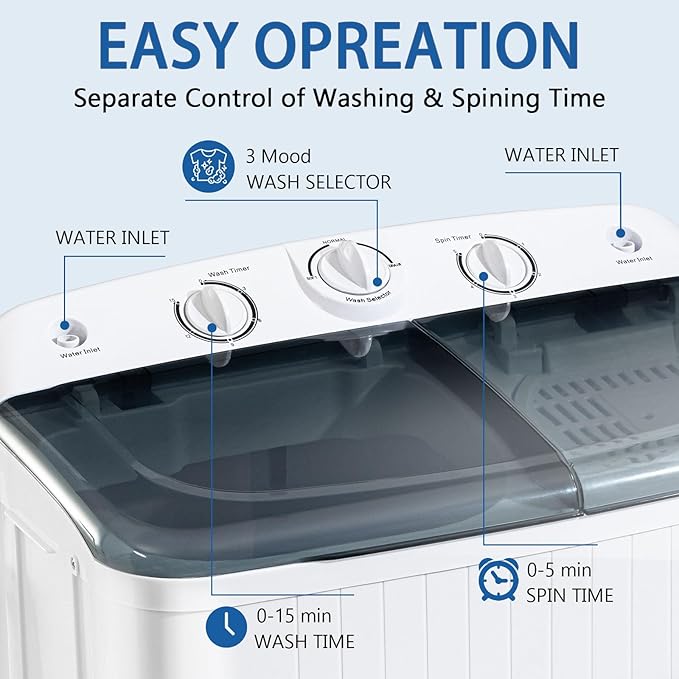 Portable Mini Twin Tub 32lbs Washing Machine With Drying Rack& 10 Hangers, 20lbs Washer & 12lbs Spinner, Small Laundry Washer with Time Control for Camping, Apartments, RV (32lbs)-Ruum Studio Home