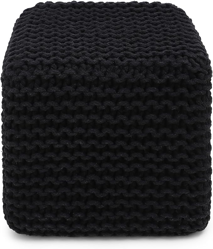 REDEARTH Cube Pouf Foot Stool Ottoman - Hand Knitted Poof - Cord Boho Pouffe - Home Décor - Stuffed Footrest for Living Room - Bedroom - Covered Patio (16" x 16" x 16") - Black-Ruum Studio Home