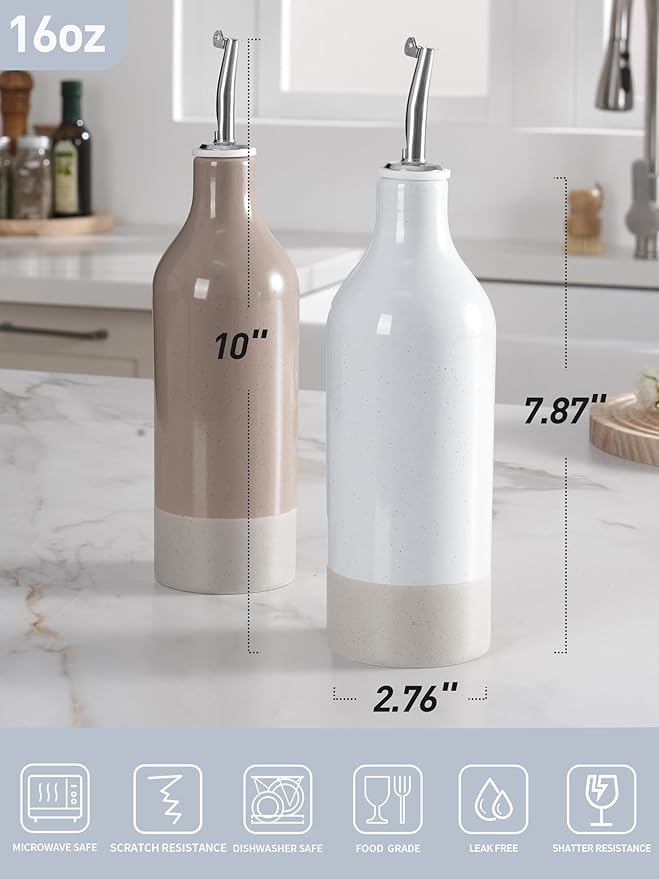 famiware Milkyway 16oz Ceramic Olive Oil Dispenser Bottle, Olive Oil and Vinegar Dispenser Bottle Set of 2 with Stainless Steel Pourers, Suitable for Storage Liquids, Light Gray and Cinnamon Brown-Ruum Studio Home