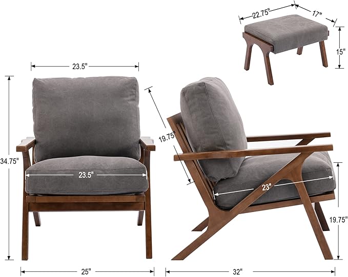 chairus 2 Sets Mid-Century Modern Accent Chairs with Ottoman, Linen Fabric Armchair with Wood Legs Comfy Upholstered Single Sofa Chair for Living Room/Bedroom/Lounge, Grey-Ruum Studio Home