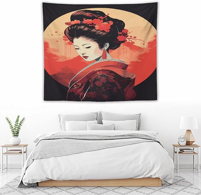 Japanese Woman Geisha Tapestry Asian Cherry Blossom Red Sun Traditional Kimono Folk Tapestries Home Decor for Living Room Bedroom Apartment Farmhouse Dorm 60"x50"-Ruum Studio Home