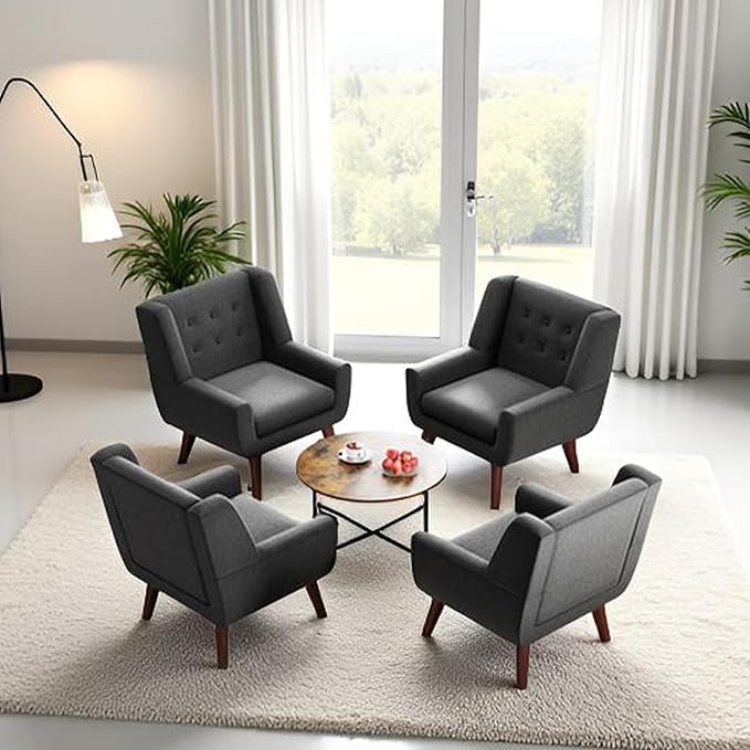 HUIMO Accent Chairs Set of 4, Upholstered Button Tufted Armchair, Linen Fabric Sofa Chairs for Bedroom, Living Room, Mid Century Modern Comfy Reading Chair (4, Grey)-Ruum Studio Home