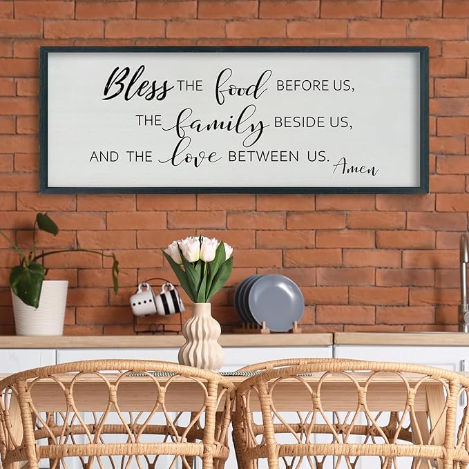 SRSZHIYUE Bless the Food Before Us Wall Sign Decor 40"×15" Christian Bible Verse for Farmhouse Rustic Kitchen Dining Room Framed Wood Scripture Religious Jesus Prayer Wall Art (Black)-Ruum Studio Home