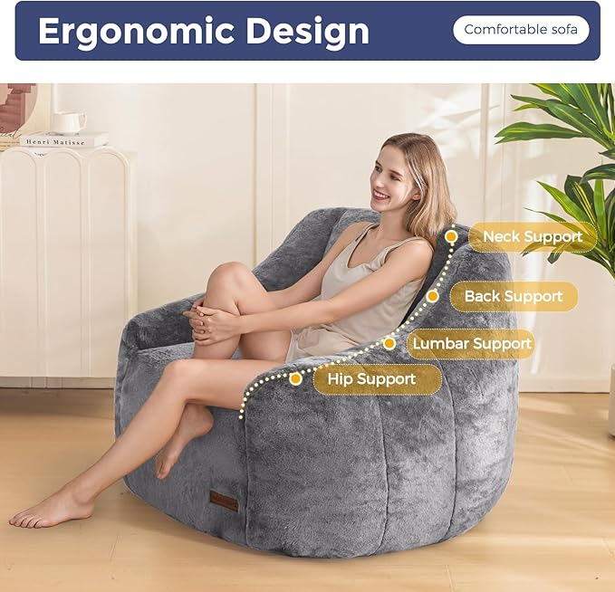 MAXYOYO Bean Bag Chair, Comfy Bean Bag Sofa with Back Support, Faux Fur Bean Bag Chair for Adults and Kids, Stuffed Floor Sofa for Living Room, Bedroom, Apartment, Grey-Ruum Studio Home