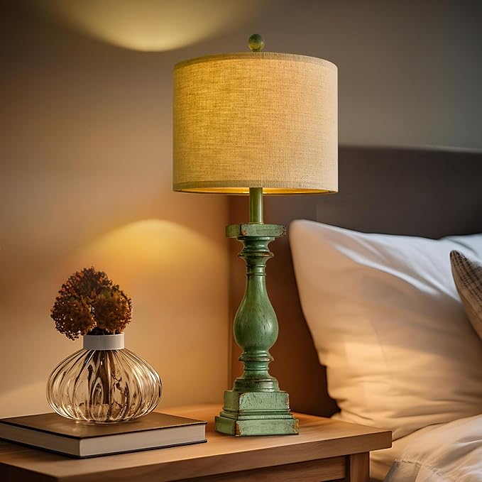 BOBOMOMO 27" Farmhouse Table Lamp Set of 2 with USB A+C for Bedroom Living Room Vintage Rustic Traditional Nightstand Bedside Lamps Retro Side Table Lamps (Green)-Ruum Studio Home