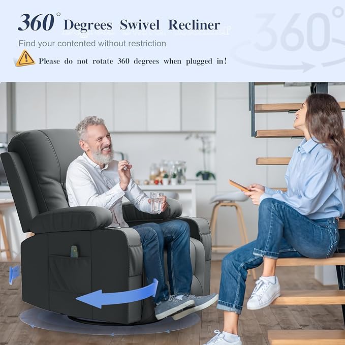 Recliner Chairs for Adults, Massage Rocker with Heated Modern Ergonomic Lounge 360 Degree Swivel Single Sofa Seat Living Room Lounge Recliners Gray-Ruum Studio Home
