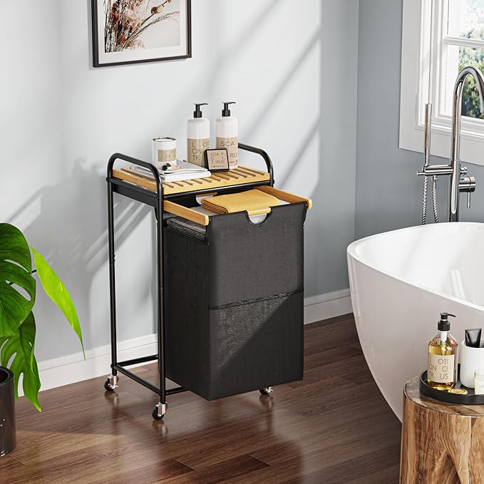 Laundry Hampers 1 Section, Laundry Sorter with Removable Shelf and Pull-Out Bags, Clothes Hampers with Wheels Rolling Cart Basket for Laundry Room Bathroom, 50 L (Black)-Ruum Studio Home