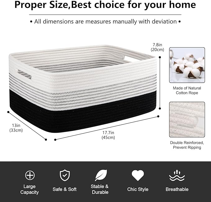 Large Storage Basket for Organizing, Woven Rope Basket for Shelves, Closet Organizer Bins for Clothes, Blanket, Toys, Baby Nursery Storage, 17.7" x 13" x 7.87", 2 Packs Gradient Black-Ruum Studio Home