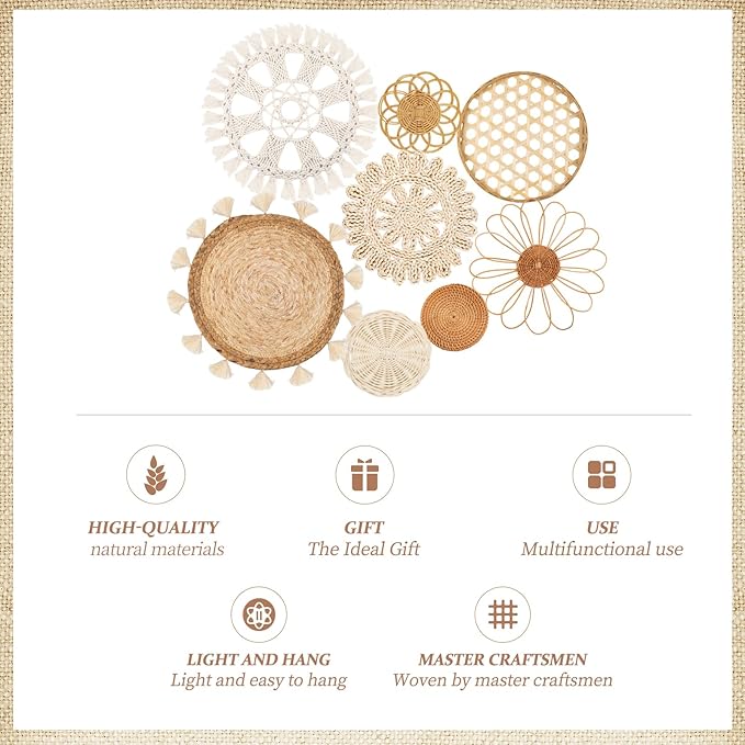 Boho Wall Basket Decor Set of 8 - Flat Woven Basket Wall Hanging Decor,Round Tassels White Macrame Tapestry Wall Decor Art,Handmade Rattan Wicker Seagrass Home Wall Baskets Decor（Boho Classic)-Ruum Studio Home