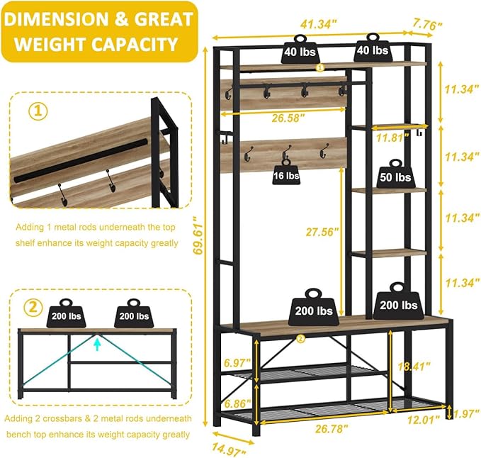 BON AUGURE Farmhouse Hall Tree for Entryway, Mudroom Bench with Shoe Storage, Large Coat Rack Shoe Bench with 5 Tier Open Shelves, Adjustable Side Hooks and Hanging Rod for Foyer (Vintage Oak)-Ruum Studio Home