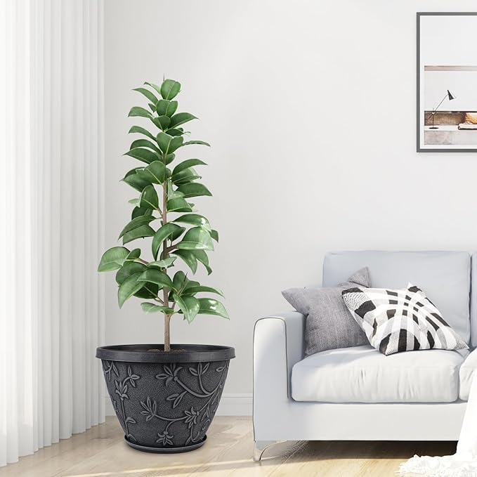 4 Pack 12 Inch Large Flower Pots for Outdoor Indoor, Plastic Plant Pots with Drainage Hole & Saucer, Modern Decorative Garden Pot, Imitation Magnolia Pots for Garden House Planters（Gray）-Ruum Studio Home