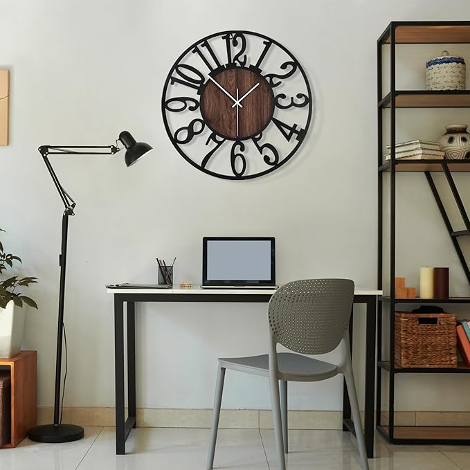 Maxstar Round Wall Clock for Living Room Decor Battery Operated Non Ticking Black Metal Wood Clocks for Home Living Room Garden Office Kitchen Decoration -16 inch-Ruum Studio Home