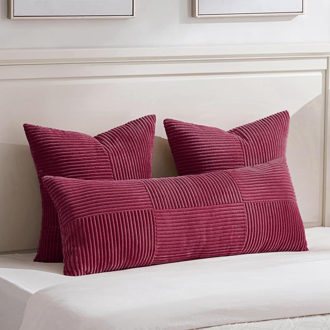 Fancy Homi 2 Packs Burgundy Decorative Throw Pillow Covers 22x22 Inch for Living Room Couch Bed Sofa, Rustic Farmhouse Boho Home Decor, Soft Corss Corduroy Patchwork Accent Cushion Case 55x55 cm-Ruum Studio Home