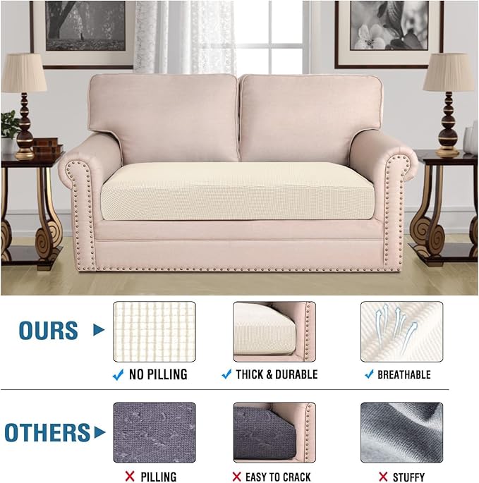 H.VERSAILTEX Super Stretch Individual Seat Cushion Covers Sofa Covers Couch Cushion Covers Slipcover Sets Thick Jacquard Textured Twill Fabric (1 Piece Loveseat Cushion Cover, Natural)-Ruum Studio Home