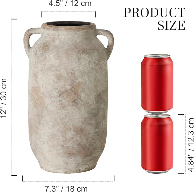 Large Flower Vase Home Decor - 12 inch Tall Ceramic Farmhouse Rustic Table Vases with Handle Living Room Decoration Decorative Modern Vintage for Floor Kitchen Shelf Coffee Dining Desk Fireplace-Ruum Studio Home