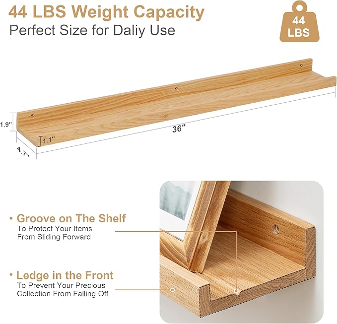 Floating Picture Ledge Shelves 36 Inch Solid Oak Wood Set of 2, Rustic Wall Storage Shelves with Lip, Kids Bookshelf, Photo & Picture Ledge Shelves for Bedroom, Living Room, Kitchen-Ruum Studio Home