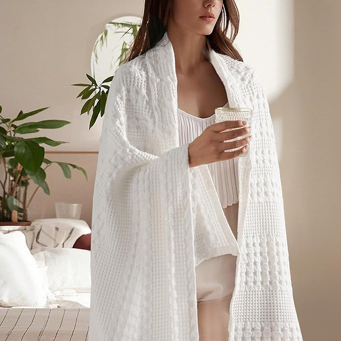 PHF 100% Cotton Waffle Weave Throw Blanket, Soft Lightweight Breathable Cozy Summer Throws for Couch Bed Sofa, Luxury Aesthetic Woven Blanket for Home Decor & Office, 50"x60", White-Ruum Studio Home