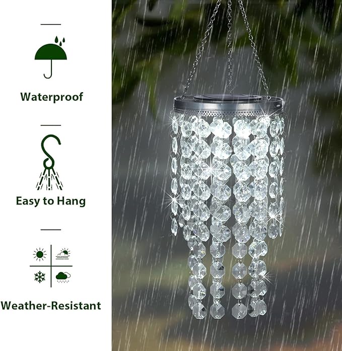 Hanging Solar Lantern Outdoor, 2 Tiers 21” Solar Transparent Acrylic Beaded Chandelier with Cool White LED S Hooks for Garden Yard Patio Gazebo Outside Decor-Ruum Studio Home