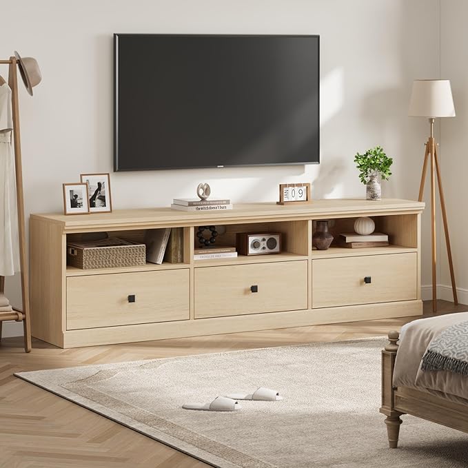 IDEALHOUSE 70in TV Stand for TVs up to 80", Mid Century Modern Entertainment Center with Storage Drawer and Open Shelves, TV Console Media Cabinet for Living Room, Bedroom (Light Oak)-Ruum Studio Home